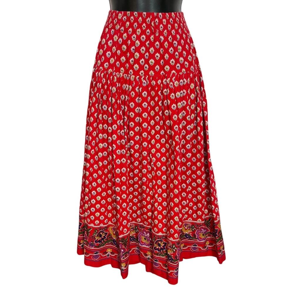 VTG 80s 90s CHAUS SPORT PEASANT MAXI SKIRT RED COTTON COTTAGE FLORAL PAISLEY M